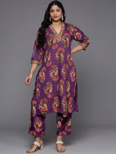 Plus Size Floral Printed Straight Sequinned Kurta with Trousers-AP-AHKUPN-COMBO-1004